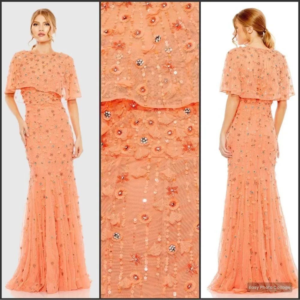 MAC DUGGAL 93653 Orange Embellished Illusion Cape Sleeve Trumpet Gown Dress 10